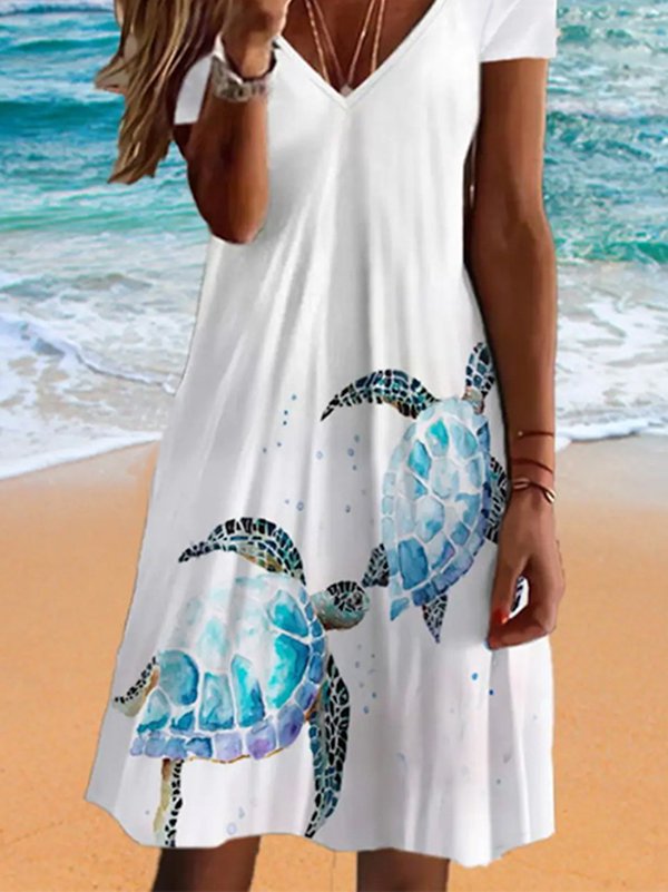 Print V-Ausschnitt Lässig Kurzarm Stricken Kleid