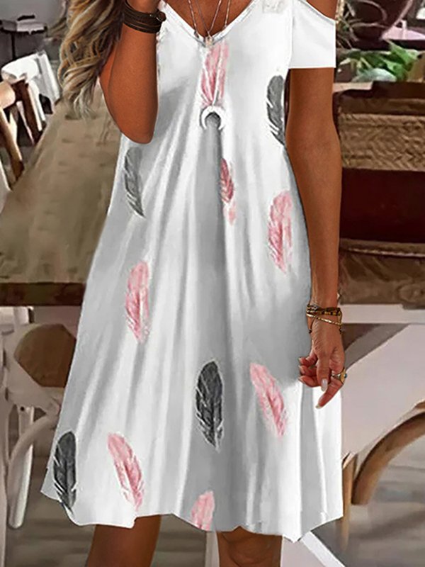 Feder V-Ausschnitt Lässig Kurzarm Kleid