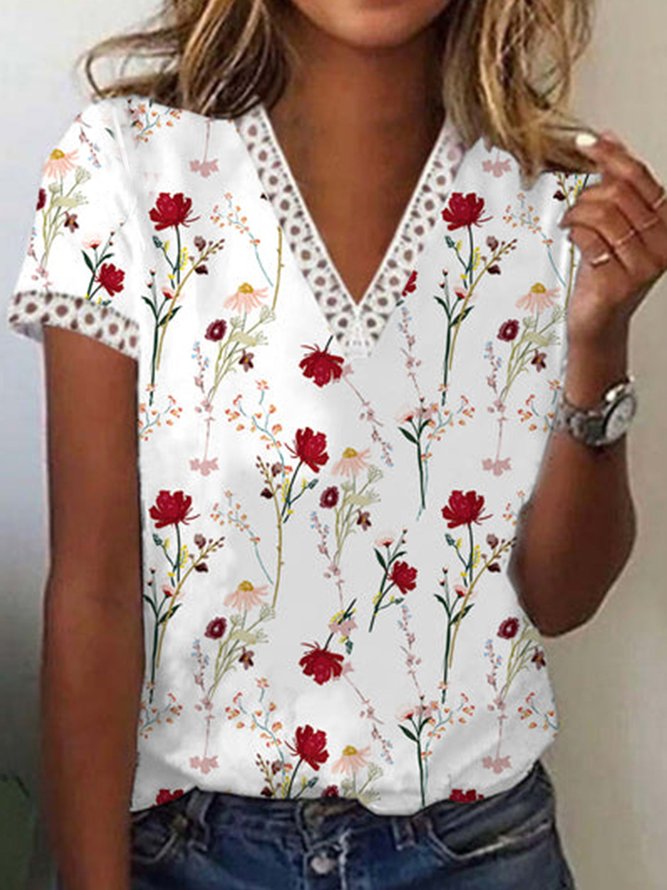 Böhmisch V-Ausschnitt Geblümt Kurzarm T-Shirt