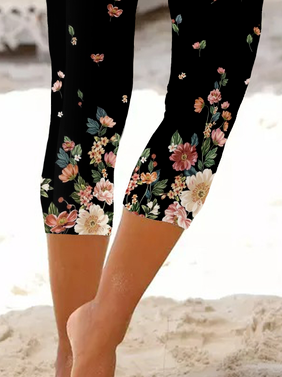 Große Größen Geblümt Lässig Cropped Leggings
