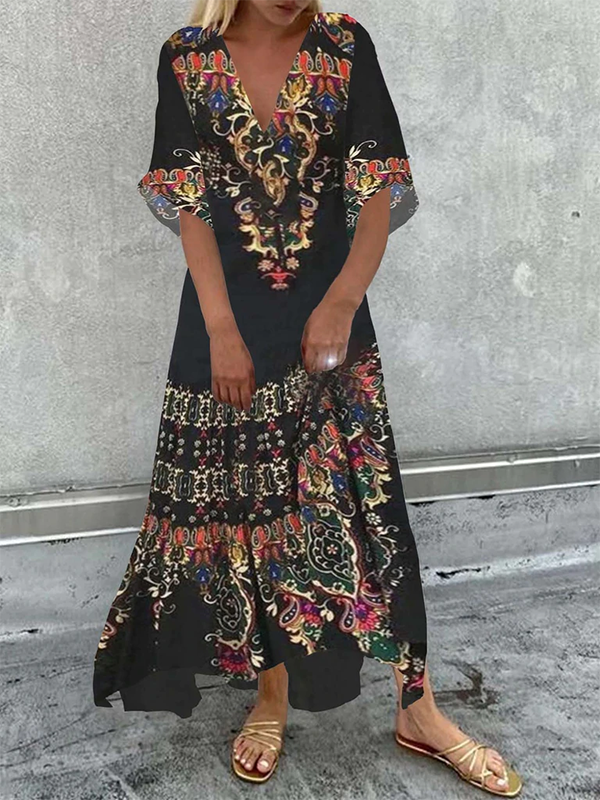 Ethnisch Lässig Kurzarm V-Ausschnitt Kleid
