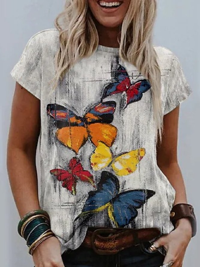 Schmetterling Muster T-Shirt lässige Rundhals Kurzarm Noracora