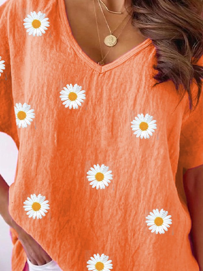Lässig Gänseblümchen V-Ausschnitt Baumwolle Weit Kurzarm Blusen & Shirts