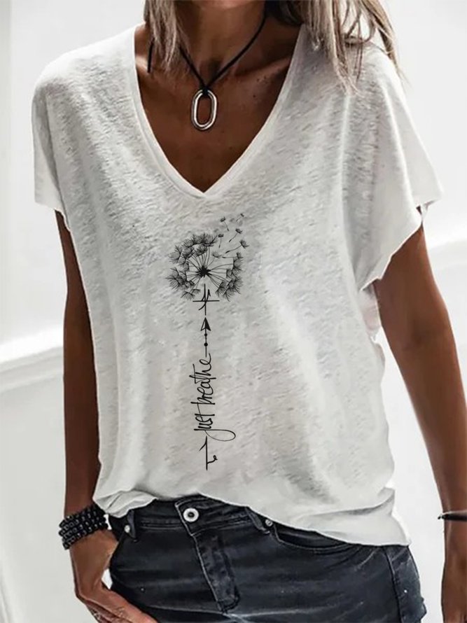 Löwenzahn Muster T-Shirt Weiß Lässig V-Ausschnitt Kurzarm Noracora