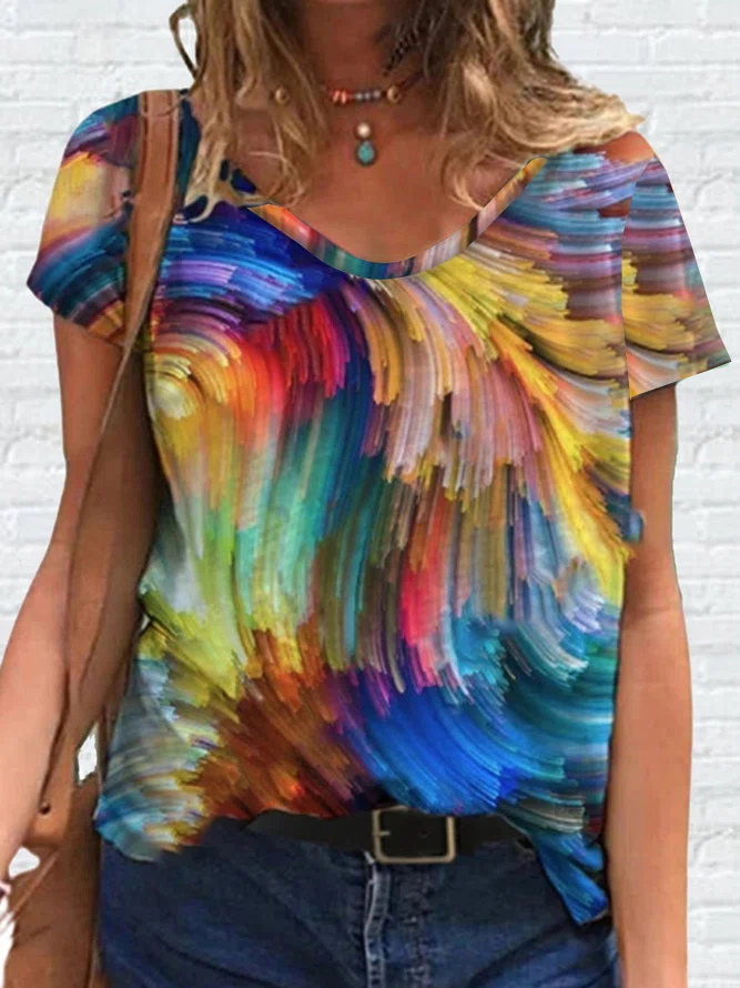 V-Ausschnitt Lässiges T-Shirt mit Kurzarm