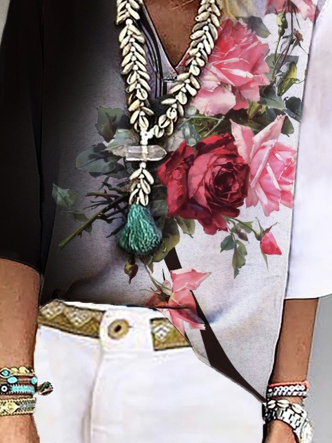 Farbblock Rosa 3/4 Ärmel V-Ausschnitt Große Größen Lässig Blusen & Shirts