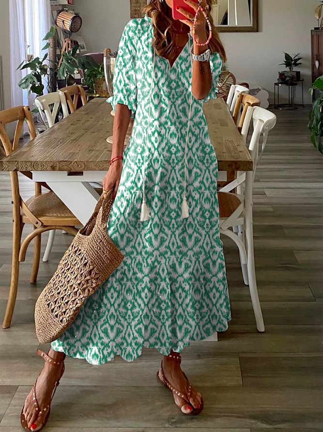 Boho Maxikleid Paisley Print Quasten Design V-Ausschnitt Große Größen Urlaub Noracora