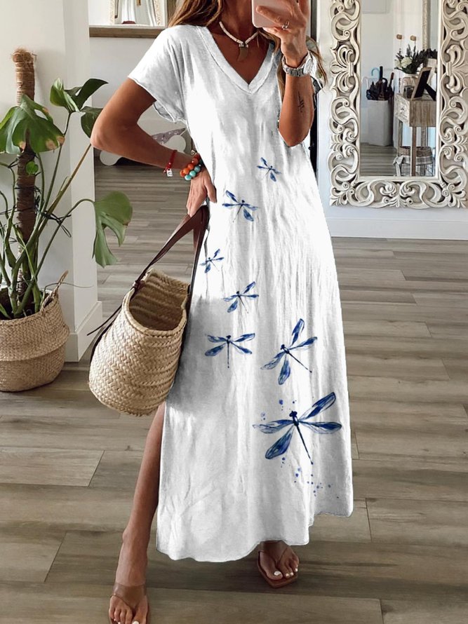 Lässig Libelle Kurzarm V-Ausschnitt Große Größen Print Kleid