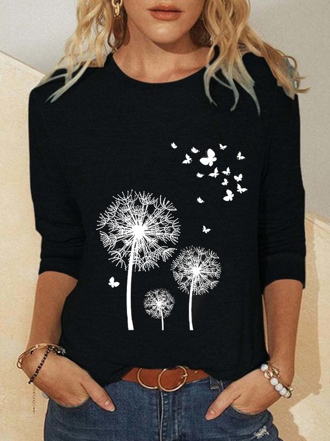Lässig Löwenzahn Langarm Rundhals Große Größen Print Shirts & Blusen T-Shirts