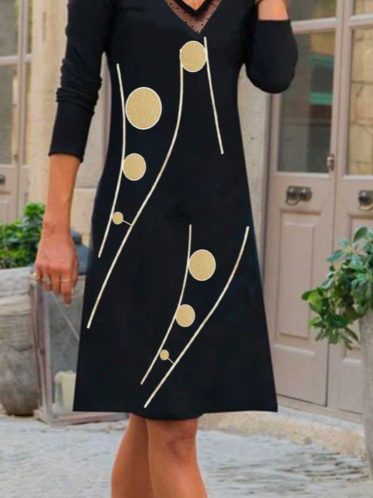 Polka Dots Lässig V-Ausschnitt A-Linien Langarm Kleider