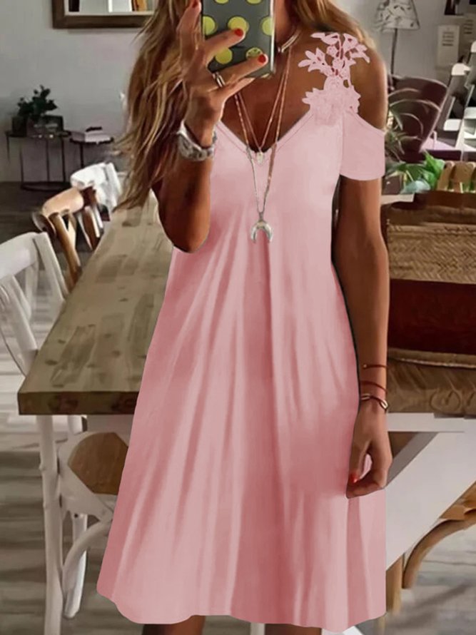 Spitze Kleid Patchwork-Ärmel V-Ausschnitt Große Größen reine Farbe Noracora