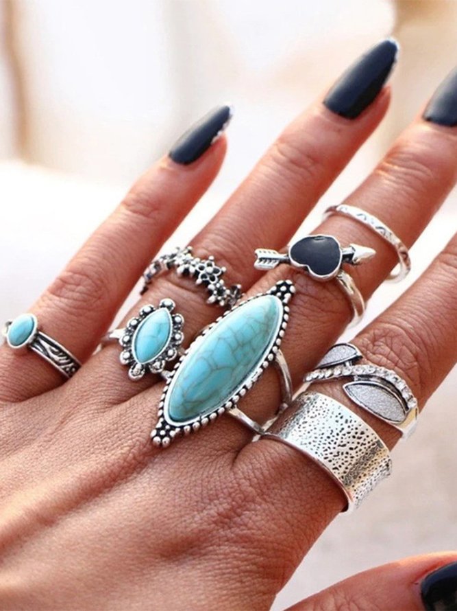 8 Stü Ethnisch Stil Türkis Herz Ring Set Strand Urlaub Schmu