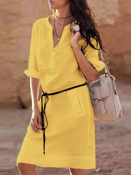 Damen SommerKleid mit Stehkragen Halbarm Taschen Unifarben