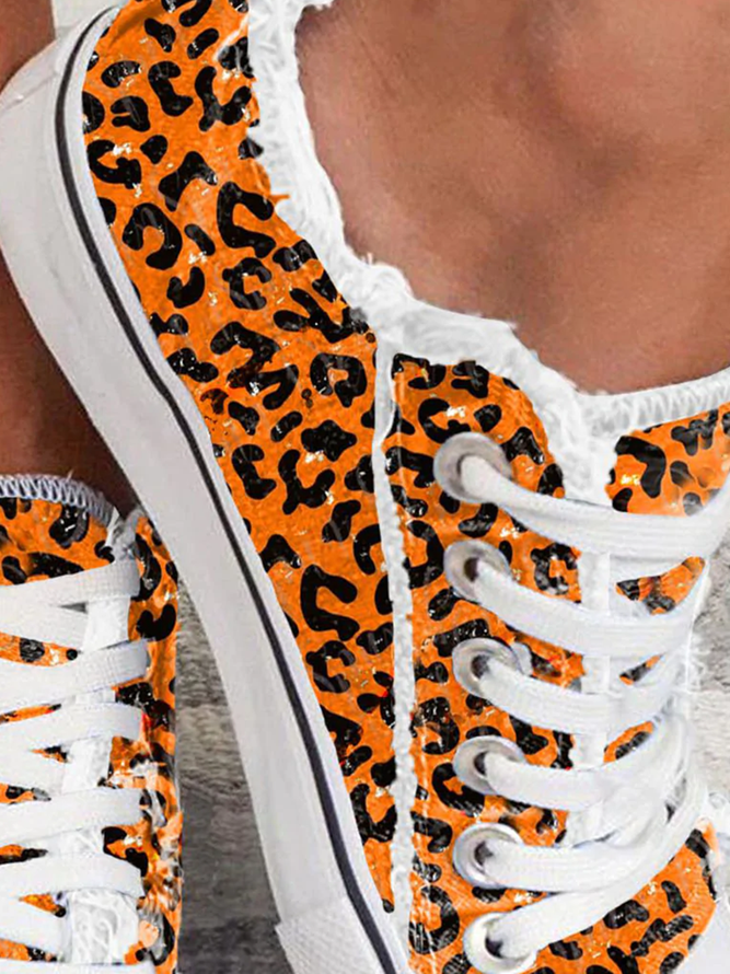 Damen Straße Alle Jahreszeiten Leopard Party Rund Segeltuch Stoff Große Größen Schnürung Sneakers