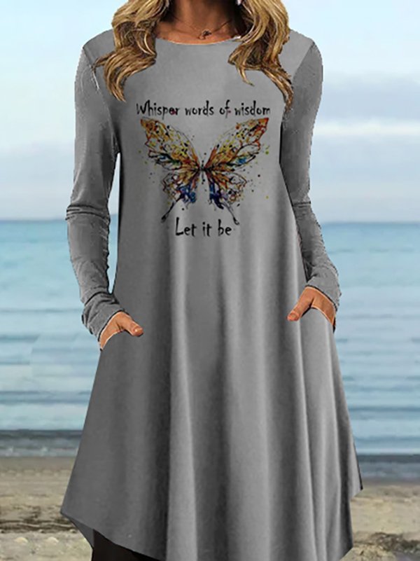 Lässig Herbst Schmetterling Leicht Mikroelastizität Täglich Langarm Rundhals T-Shirt Kleid Kleider für Damen