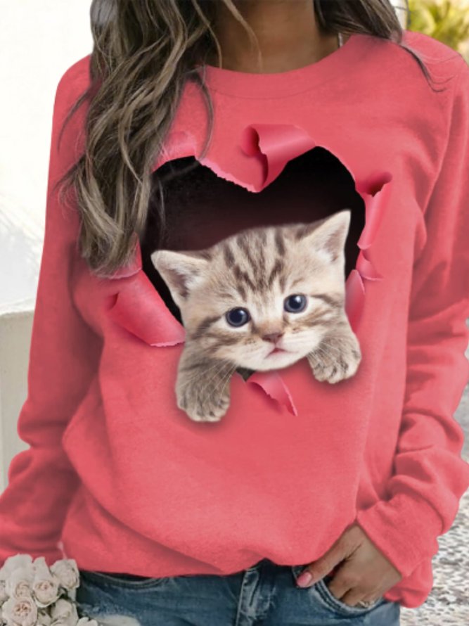 Sport Herbst Katze Täglich Weit Jersey Standard Langarm H-Linie Sweatshirts für Damen