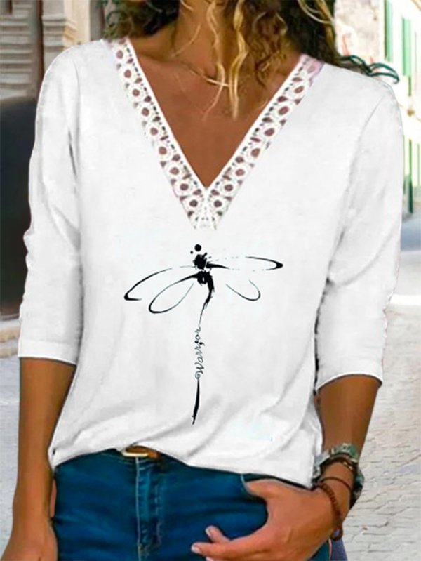 Damen Lässig Herbst Libelle V-Ausschnitt Heiß Liste Langarm Regelmäßig H-Linie Regelmäßig Größe T-Shirt