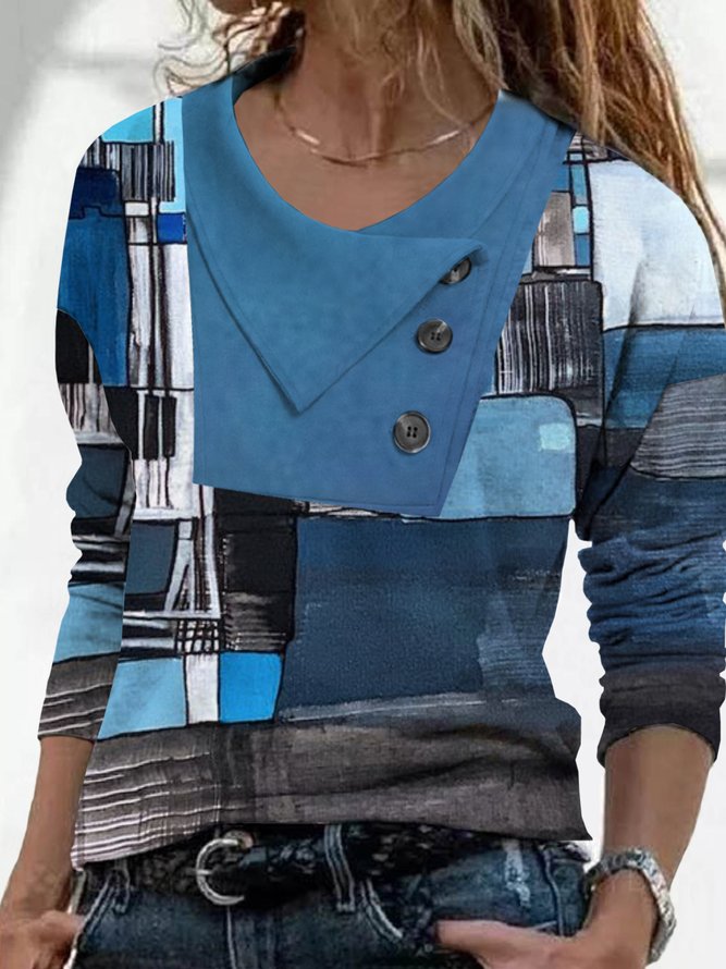 Damen Lässig Abstrakt Herbst V-Ausschnitt Leicht Jersey Heiß Liste Regelmäßig H-Linie Blusen & Shirts