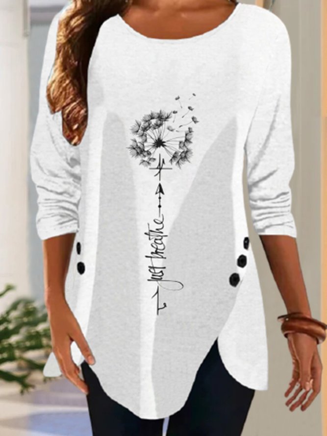 Damen Lässig Herbst Löwenzahn Mikroelastizität Täglich Standard Rundhals Mittellang H-Linie T-Shirt