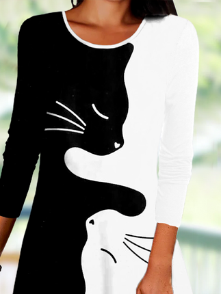 Lässig Herbst Katze Normal Rock Langarm Rundhals A-Linien Regelmäßig Größe Kleider für Damen