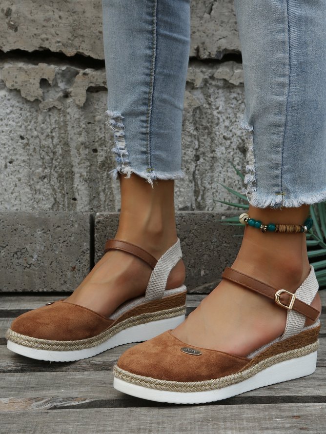 Farbblock Sommer Urlaub Metall Blockabsatz Geschlossen Espadrille Sandale Verstellbare Schnalle Standard Keile & Flachform für Damen