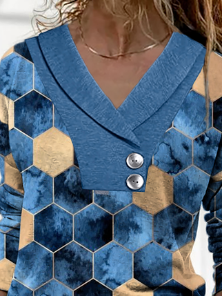 Geometrisch Lässig Herbst V-Ausschnitt Langarm Regelmäßig H-Linie Regelmäßig Regelmäßig Größe Blusen & Shirts für Damen