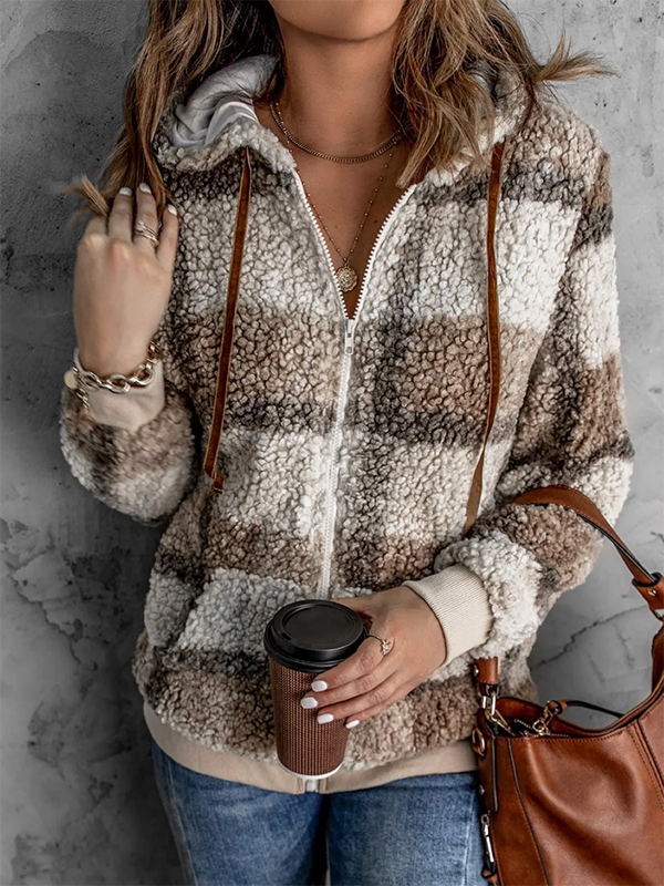 Lässig Winter Kariert V-Ausschnitt Nein Elastizität Täglich Weit Regelmäßig Regelmäßig Teddy Jacke für Damen