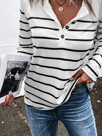 Damen Gestreift Lässig Herbst Mikroelastizität Weit Jersey Bestseller Langarm Hälfte Öffnen Ausschnitt T-Shirt