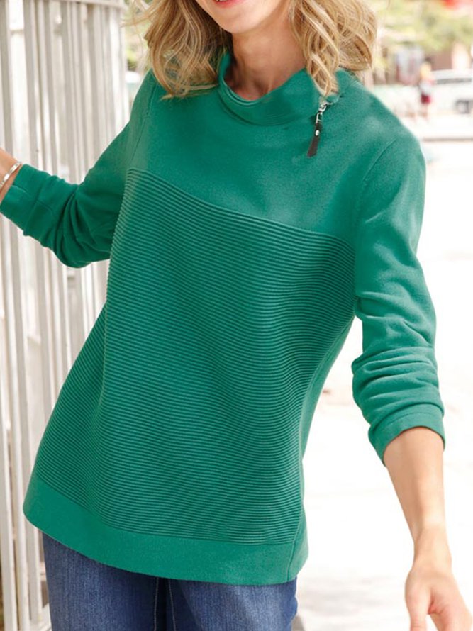 Damen Lässig Unifarben Herbst Reißverschluss Leicht Mikroelastizität Jersey Standard Rollkragen Sweatshirts