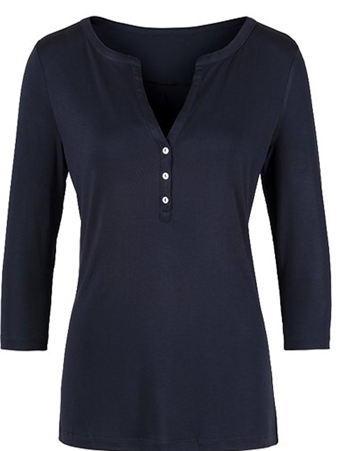 Lässig Unifarben Herbst V-Ausschnitt Regelmäßige Passform Jersey Standard Regelmäßig Regelmäßig T-Shirt für Damen
