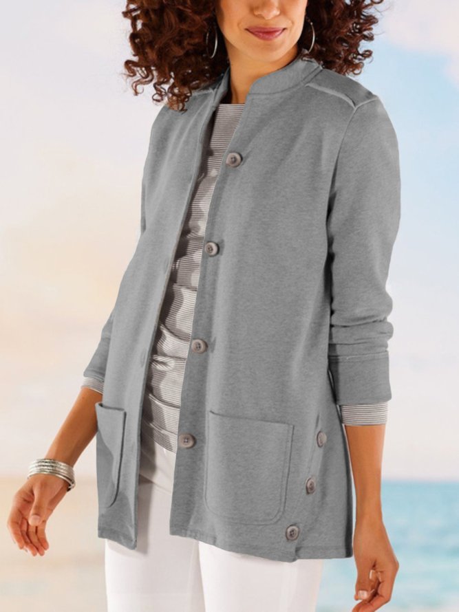 Lässig Unifarben Herbst Mikroelastizität Täglich Weit Jersey Standard Mittellang Jacke für Damen