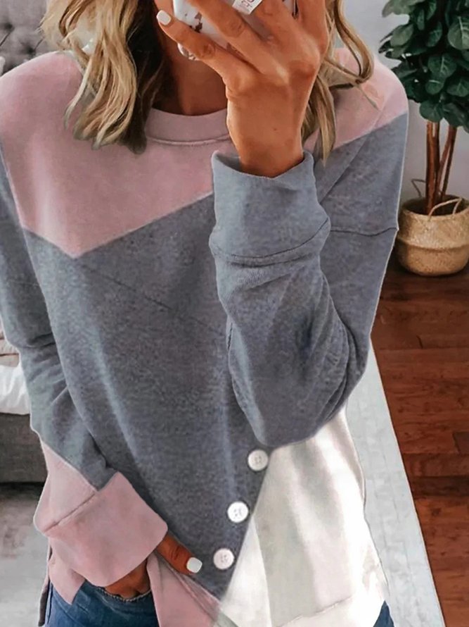 Lässig Farbblock Geknöpft Weit Sweatshirts