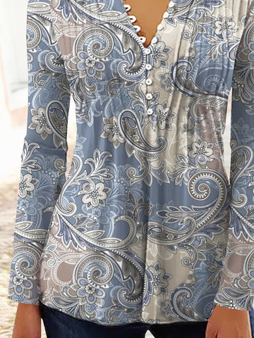 Ethnisch Print Jersey Lässig Langarm Große Größen Tunika Blusen & Shirts