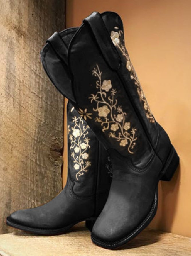 Quadratisch Bestickt Western Cowboystiefel Blockabsatz Stiefelette