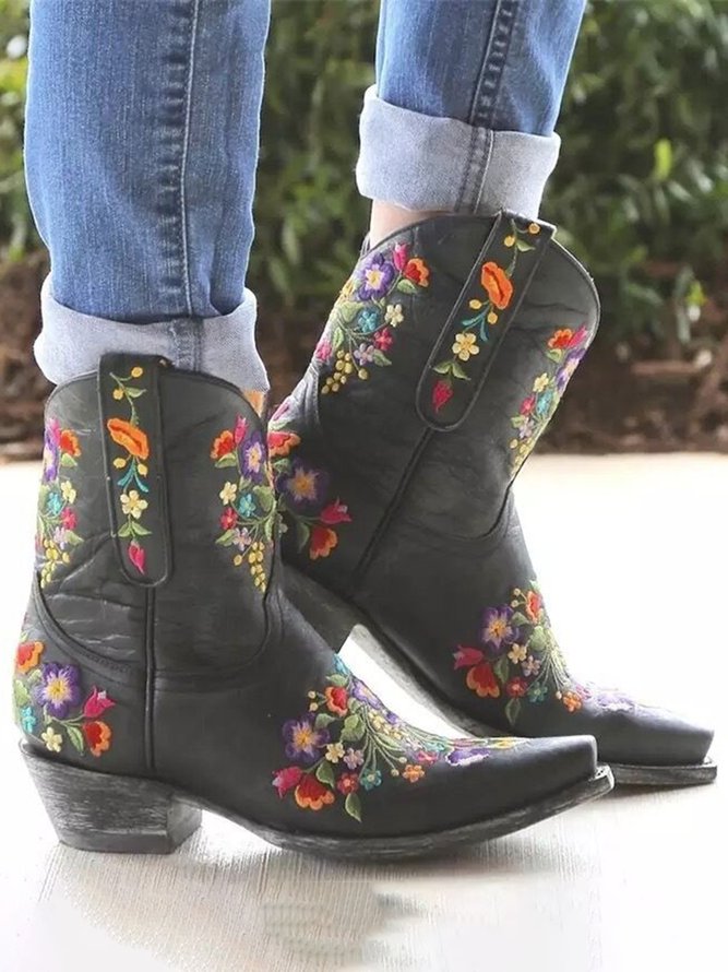 Damen Retro Ethnisch Blumenstickerei Spitz Blockabsatz Niedrig Stiefelette