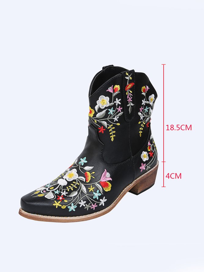 Damen Retro Ethnisch Blumenstickerei Spitz Blockabsatz Niedrig Stiefelette