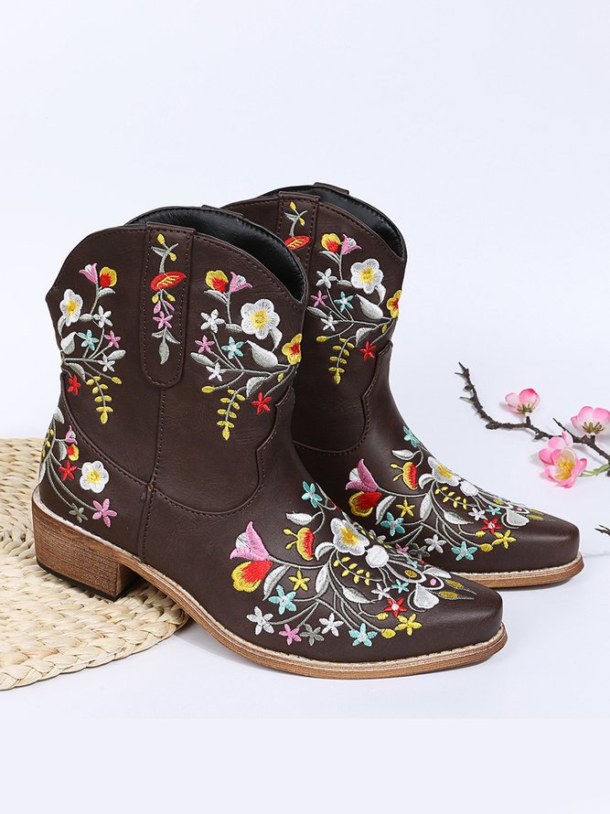 Damen Retro Ethnisch Blumenstickerei Spitz Blockabsatz Niedrig Stiefelette