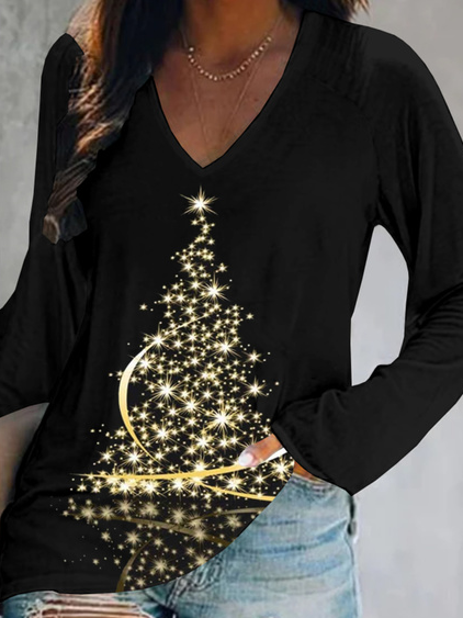 Lässig Weihnachten Bäume Langarm V-Ausschnitt Print Shirts & Blusen T-Shirts Tunika