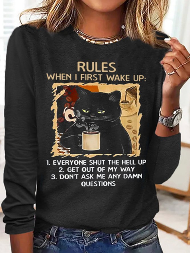 Damen Schwarz Katze Regeln Baumwolle-Gemisch Einfach Langarm Blusen & Shirts