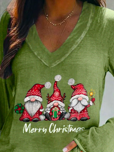 Weihnachten Lässig V-Ausschnitt Weit T-Bluse