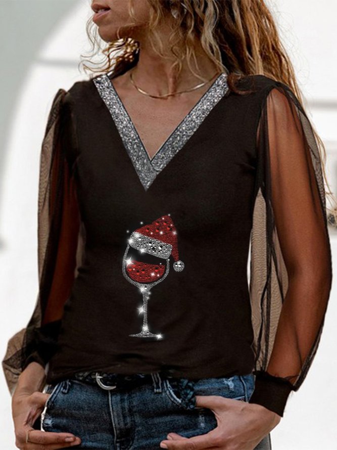 Mesh Langarm Weihnachten Wein Glas Glitzernd V-Ausschnitt Lässig Blusen & Shirts