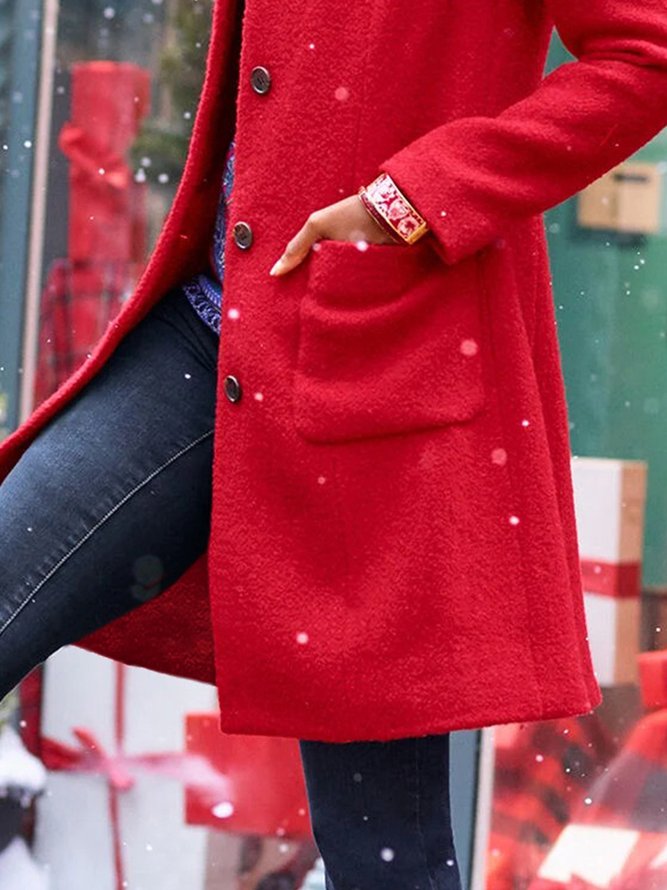 Weihnachten Rot Unifarben Langarm Geknöpft Große Größen Lässig Wolle Mantel