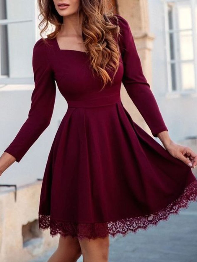 Weinrotes Kleider Spitze Saum Langarm Partykleid Noracora