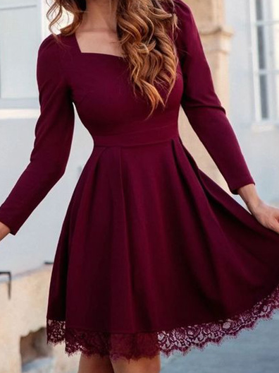 Weinrotes Kleider Spitze Saum Langarm Partykleid Noracora