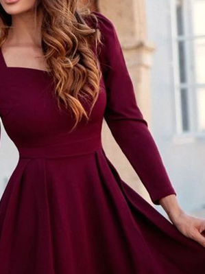 Weinrotes Kleider Spitze Saum Langarm Partykleid Noracora