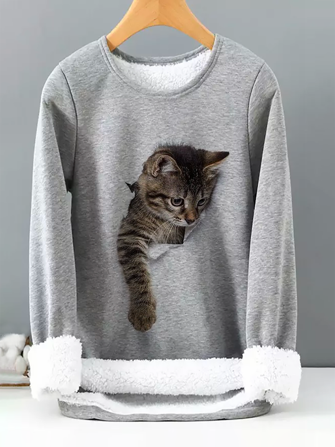 Rundhals Katze Lässig Wärme Sweatshirt Dicken Fleece Weiche