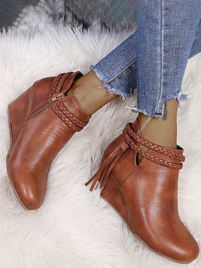 Damen's Große Größen Geflochtener Riemen Troddel Keilabsatz Stiefelette