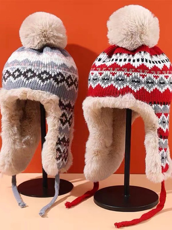 Ethnisch Muster Wolle Vlies Hut Ski Outdoor Sport Mütze Warm Winddicht Zubehör