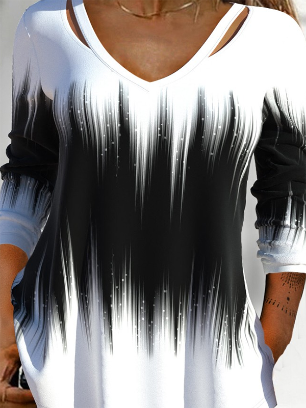 Farbblock Shirt Hohl-Kragen Langarm lässiger Stil Noracora