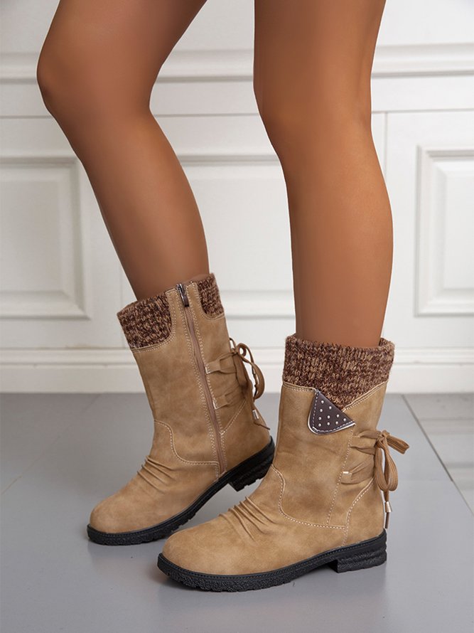 Wolle Patchwork Nieten Warm Zurück Spitze-oben Retro Lässig Stiefelette